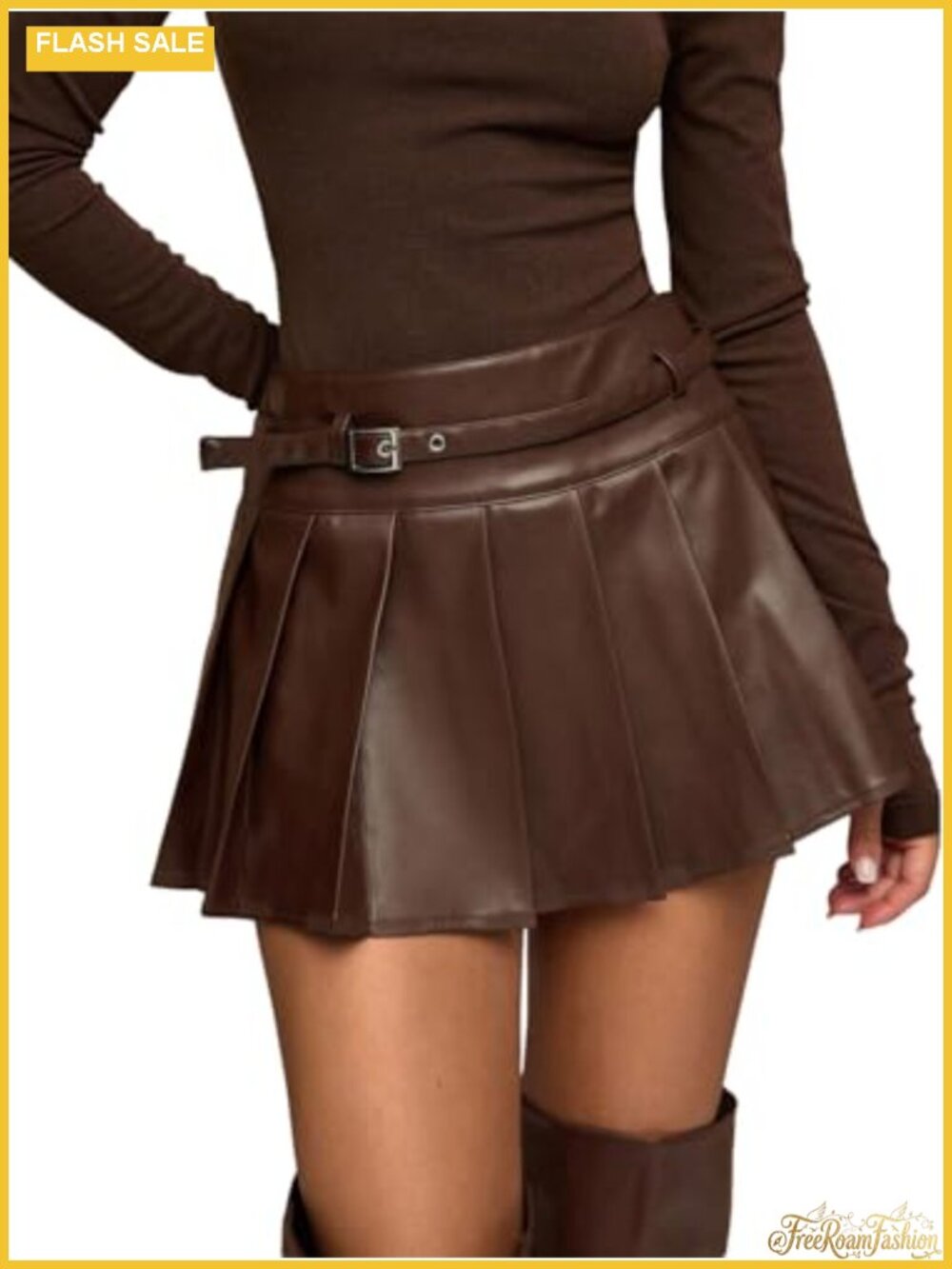 Women's Y2K Pleated PU Mini Skirt Flared Belted A-Line Skirt
